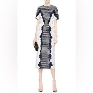 💯silk Mother of Pearl Blue and White Sheath Midi Dress Flutter Sleeves